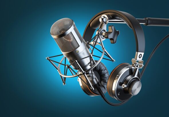 Headphones on microphone stand, professional studio