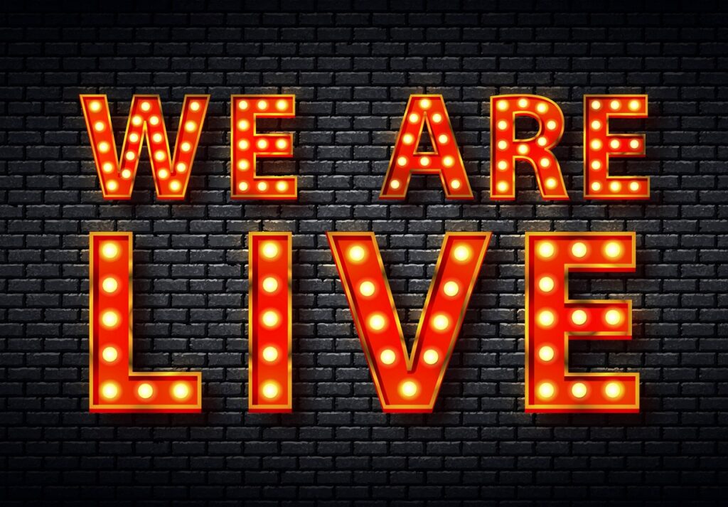 Vector realistic isolated retro marquee billboard with electric light lamps of We Are Live logo for invitation.