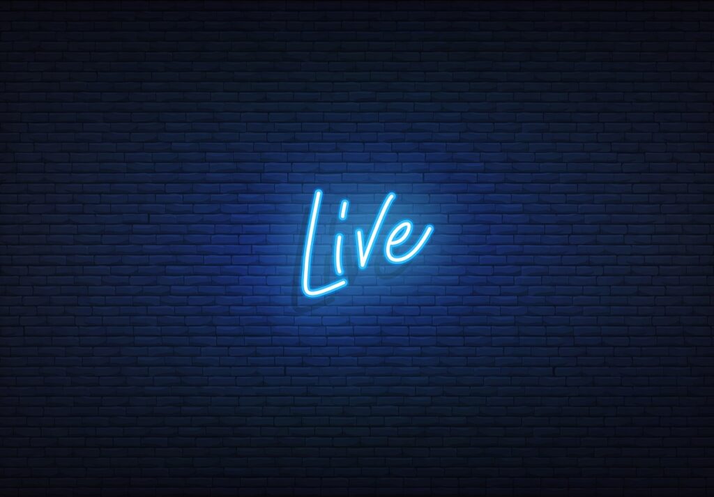 Live neon sign. Glowing neon lettering Live template.