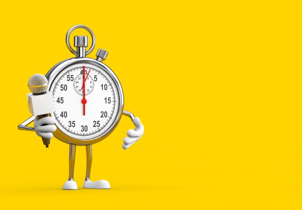 Modern Stopwatch Cartoon Person Character Mascot with Modern Chrome Microphone. 3d Rendering