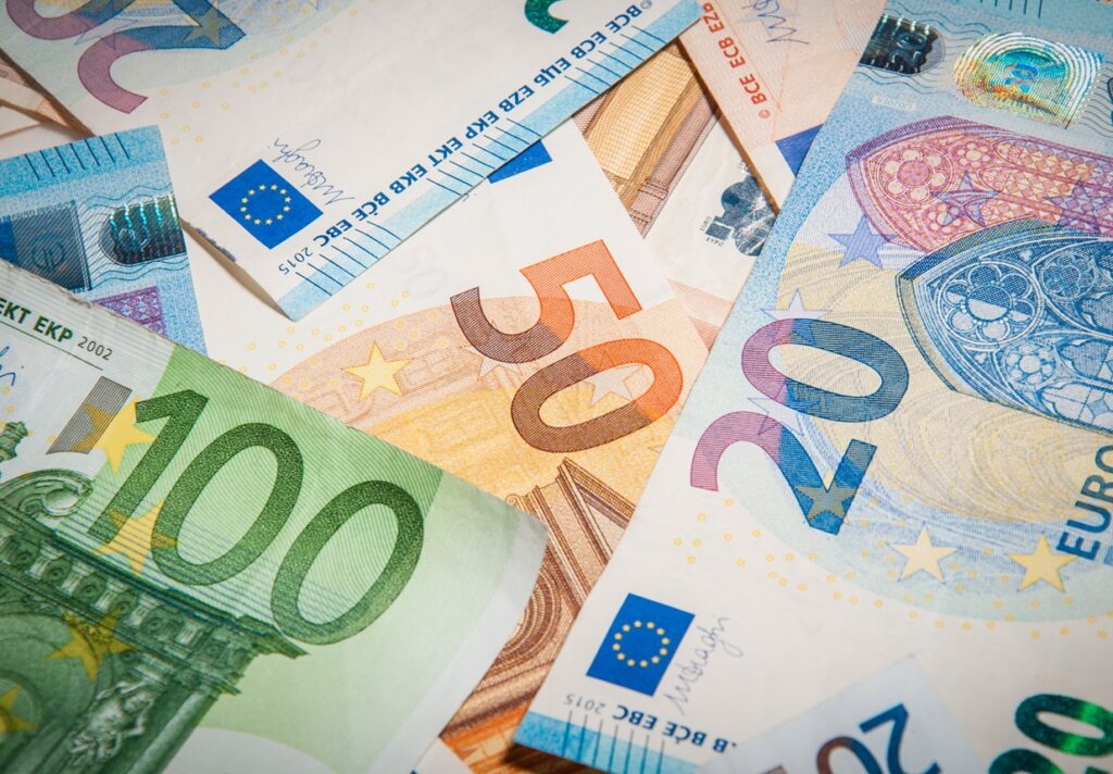 close-up group of euro money banknote: 20 euro 50 euro 100 euro