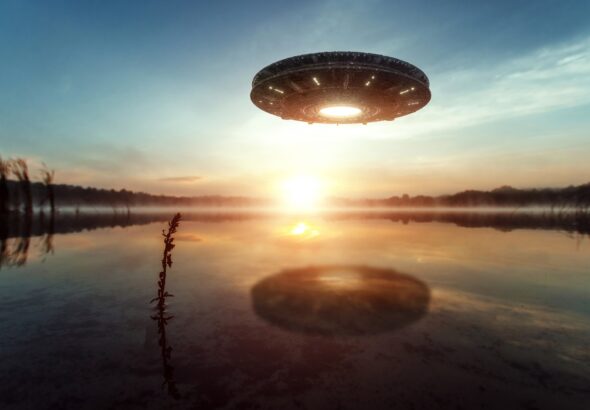 UFO, an alien plate hovering above water, hovering motionless in the air. Unidentified flying object, alien invasion, extraterrestrial life, space travel, humanoid spaceship. mixed medium