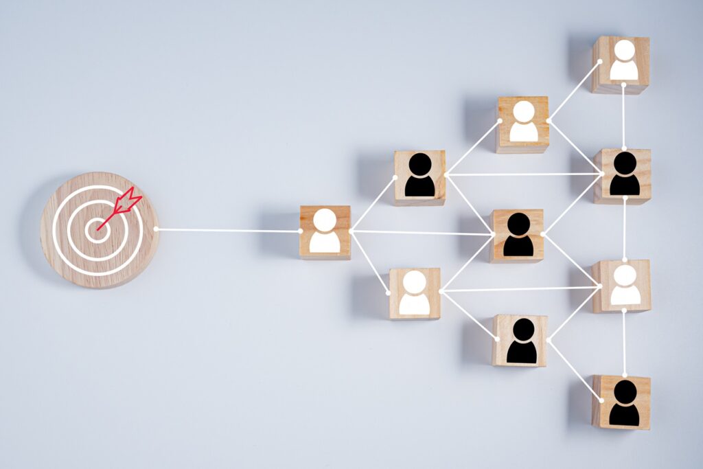 wooden block which prints a target icon connection linkage with human icon on white background. Business goals and objectives concept. business competition. customer focus target group and customer relation management concept.