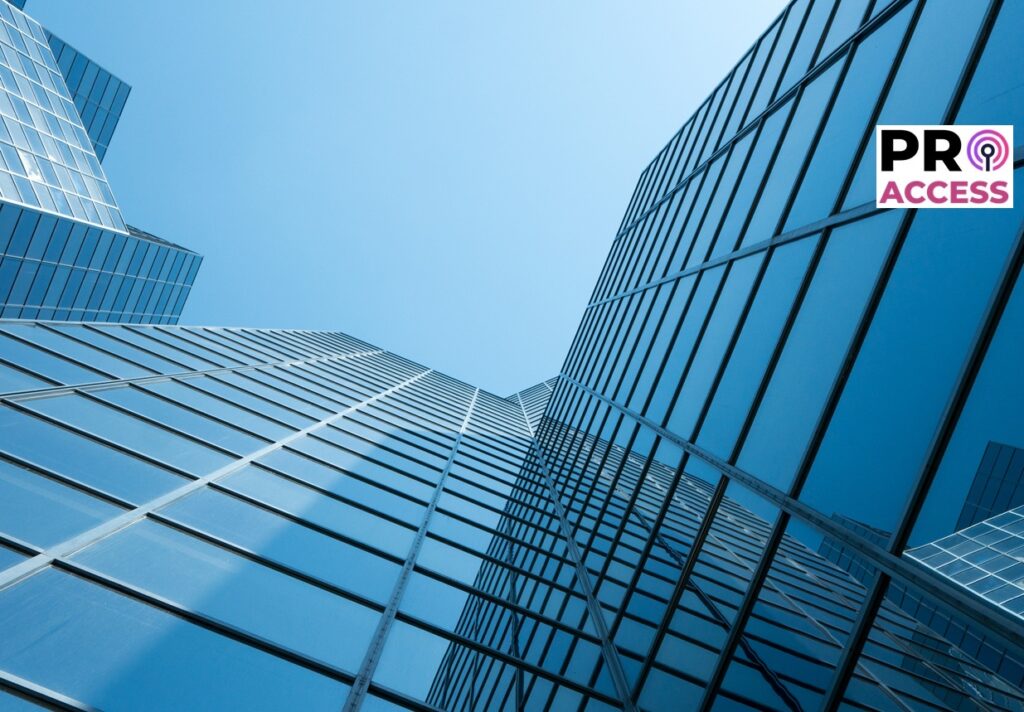 Angle view of modern building with a clear blue sky in background