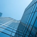 Angle view of modern building with a clear blue sky in background
