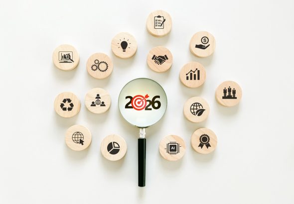 2026 new year goal plan action, Business plan and strategies. Annual plan and development for achieving goals. magnifying glass shows target 2025 with a business target icon. Business Strategic Plans.