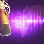 Podcast microphone in dark and sound wave signal in space recording to computer, Recording studio banner design.