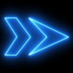 Glowing neon cursor arrow on dark background. Neon blue arrow icon, arrows on black background.
