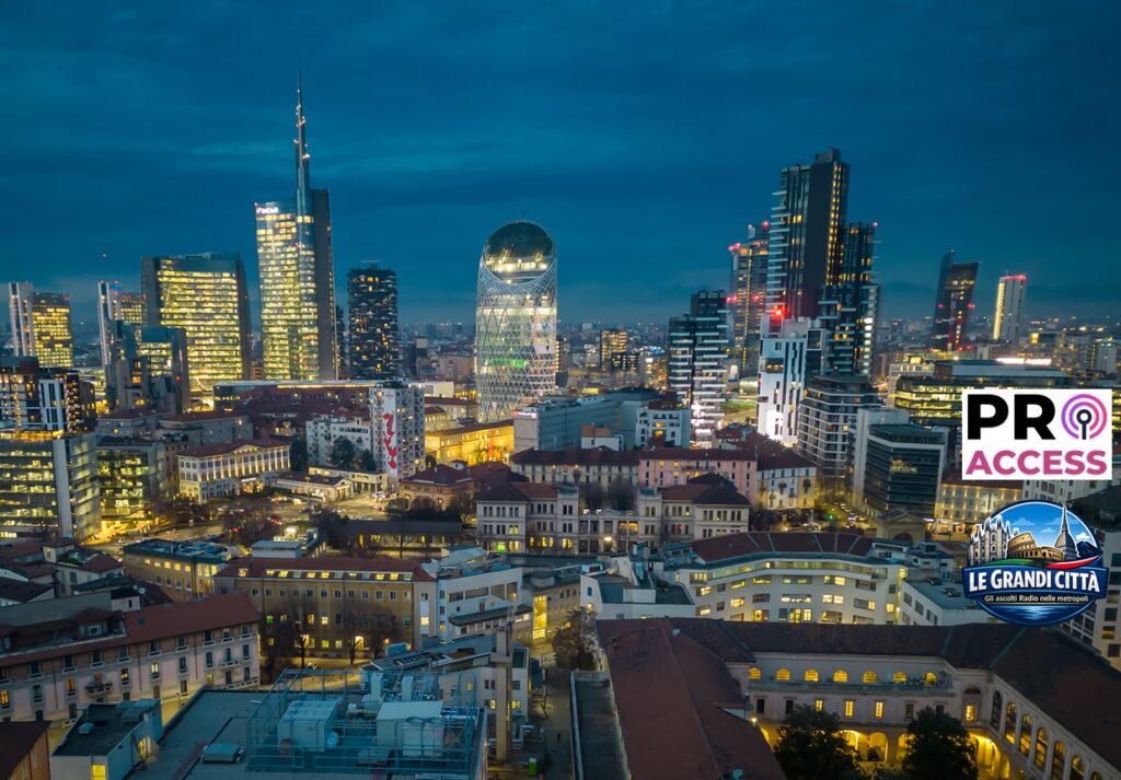 Aerial photo of Porta Nuova by night, Milan