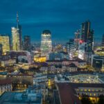 Aerial photo of Porta Nuova by night, Milan