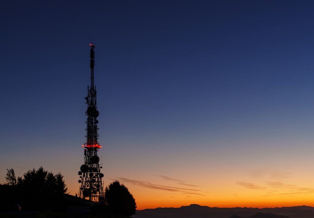Communications tower. Antennas at sunset on Mount Jaizkibel, Basque Country