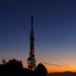 Communications tower. Antennas at sunset on Mount Jaizkibel, Basque Country