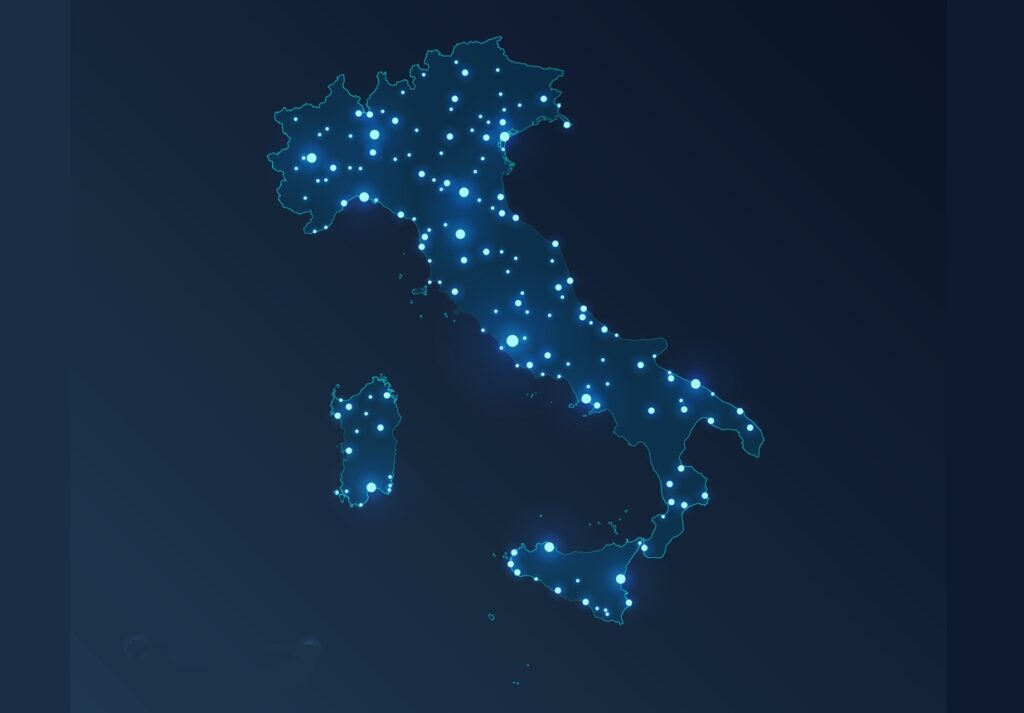 Italy map with cities. Luminous dots - neon lights on dark background. Vector illustration.