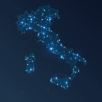 Italy map with cities. Luminous dots - neon lights on dark background. Vector illustration.