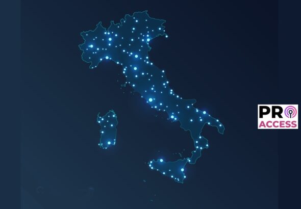 Italy map with cities. Luminous dots - neon lights on dark background. Vector illustration.