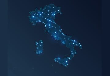 Italy map with cities. Luminous dots - neon lights on dark background. Vector illustration.
