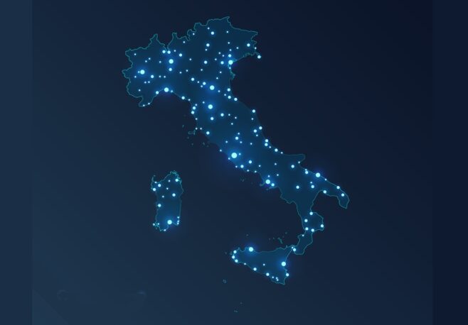 Italy map with cities. Luminous dots - neon lights on dark background. Vector illustration.