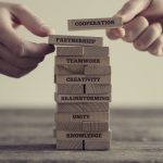 Stack of wooden dominoes with signs