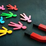 Clients attraction concept. Magnet and figurines as customers.