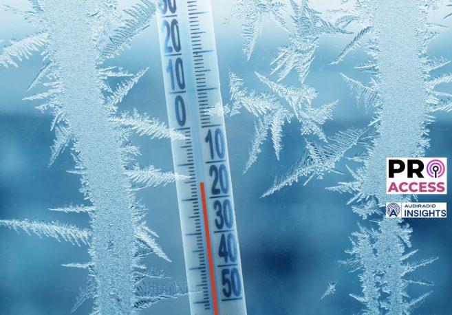 Frosty winter window with ice patterns and a thermometer showing a minus temperature