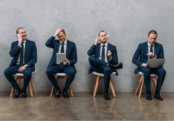collage of cloned young businessman sitting on chairs and using gadgets