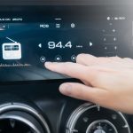 The passenger controls the radio on the car's touchscreen with his finger. An individual adjusts the radio on a sleek car dashboard touchscreen, highlighting convenience and technology.