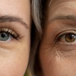 A close-up comparison of the eyes of a young woman and an older woman, highlighting the visible differences in skin texture and wrinkles.