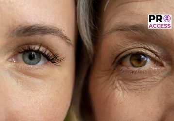 A close-up comparison of the eyes of a young woman and an older woman, highlighting the visible differences in skin texture and wrinkles.