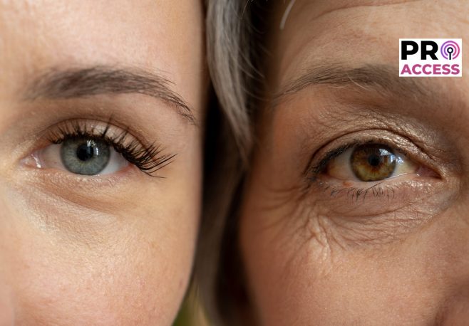 A close-up comparison of the eyes of a young woman and an older woman, highlighting the visible differences in skin texture and wrinkles.