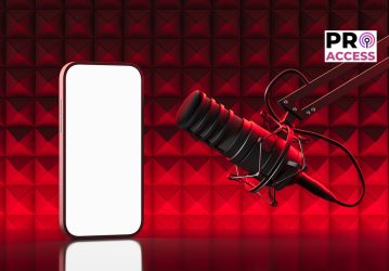 3D rendering of podcast microphone and smartphone with blank screen in red acoustic studio background, concept of broadcasting and recording setup. 3D Rendering
