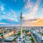 Berlin skyline panorama with TV tower at sunset, Germany