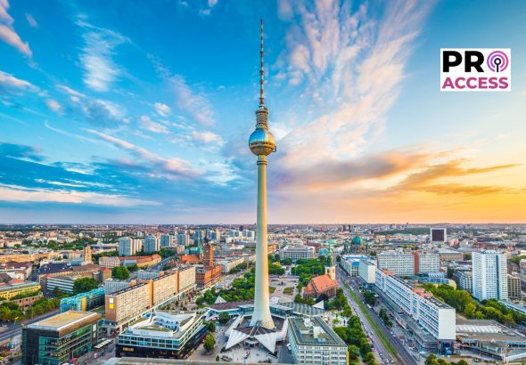 Berlin skyline panorama with TV tower at sunset, Germany